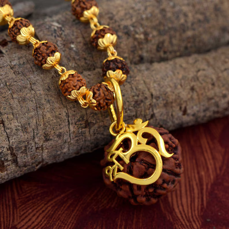 Om Rudraksha pendant with a chain